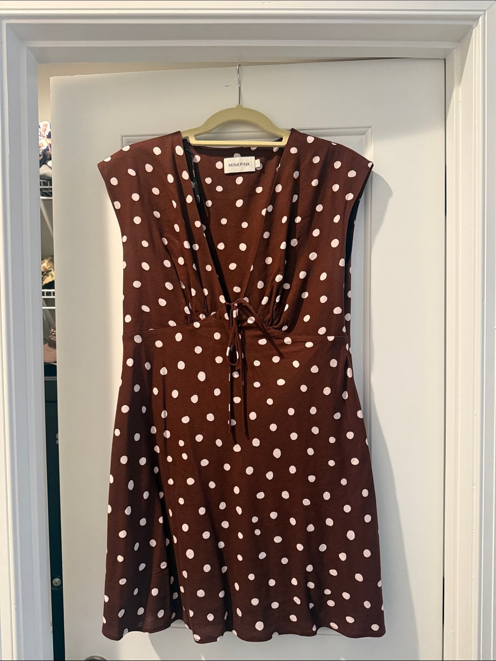 MINKPINK Chocolate Brown & White Polka Dot Tie-Front Mini Dress
